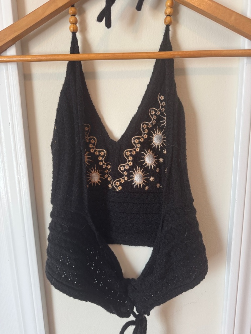 Black Embroidered Halter Crop Top with Sun Motif - Picture 4 of 4